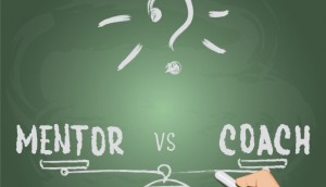 Image of green chalkboard with the words Mentor vs Coach